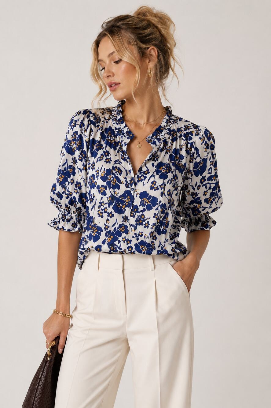 Cabellero Blue White Floral Silk Blend Blouse Womens L Puff Sleeve Boho Shirt